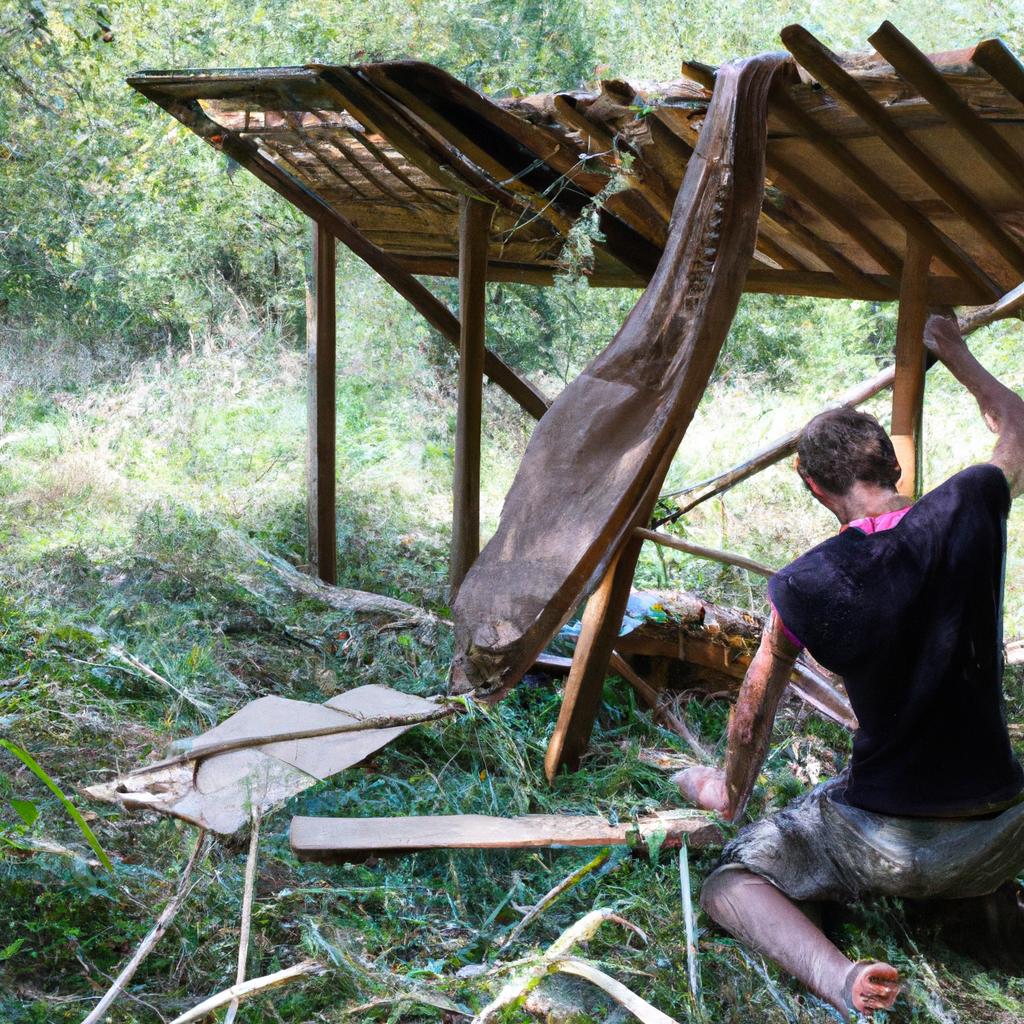 Person constructing lean-to shelter