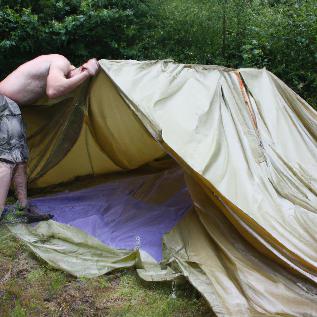 Person building tarp shelter outdoors