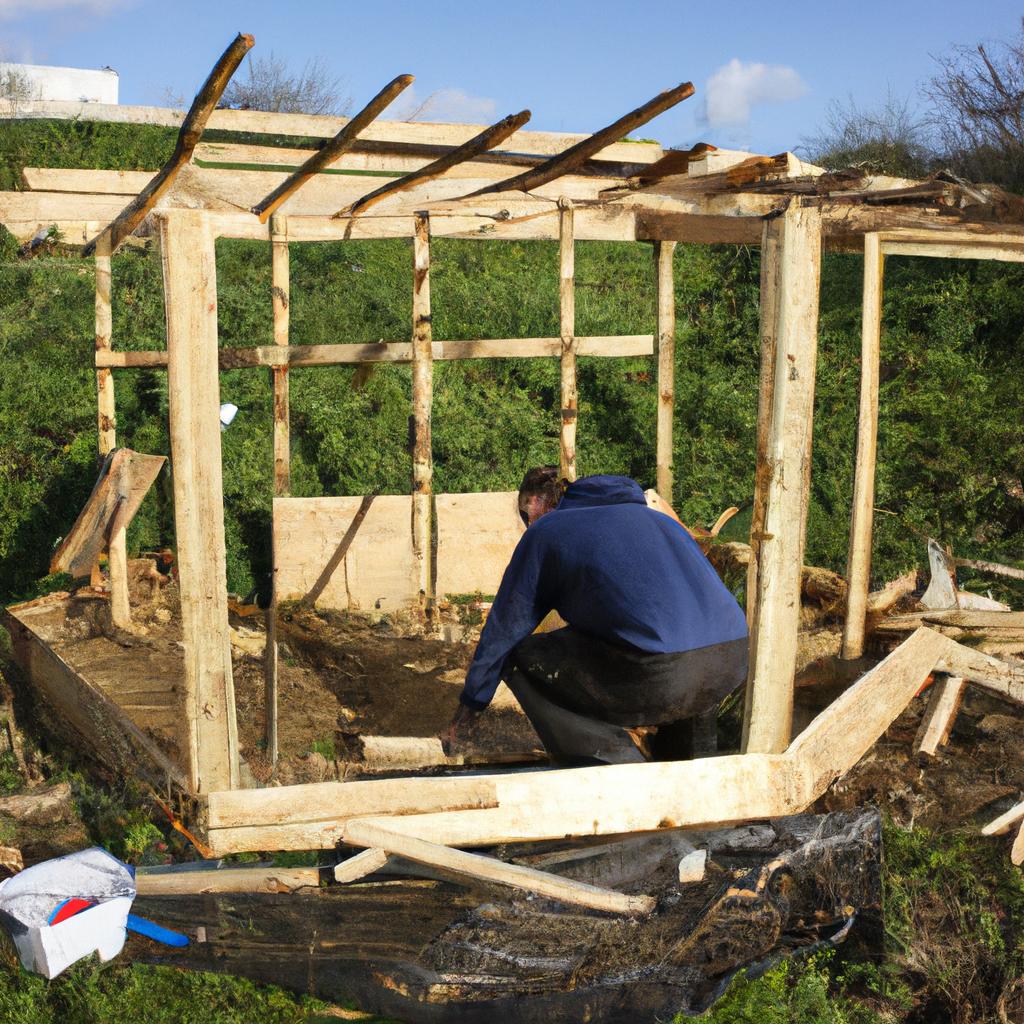 Person building debris hut outdoors