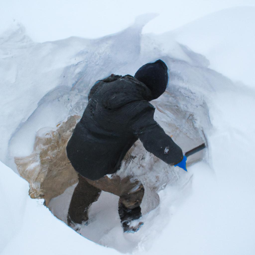 Person digging snow cave outdoors