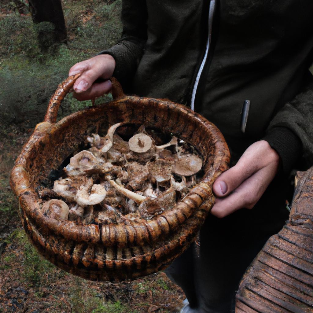 Person holding basket of mushrooms