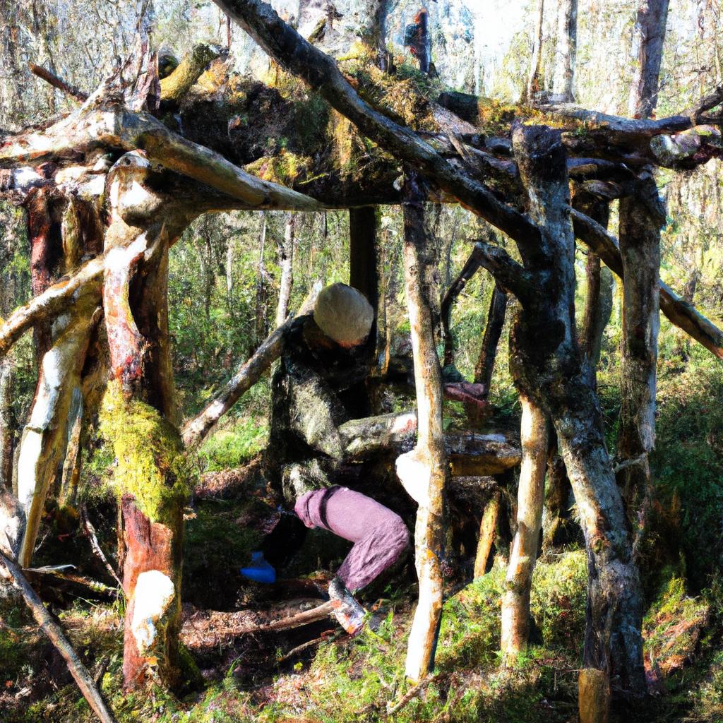 Person building shelter in woods